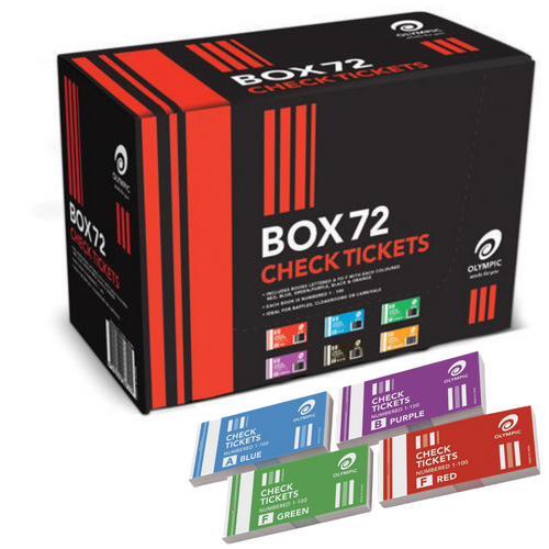 72 x Olympic Raffle Tickets Check Books Door Prize 1-100 with 6 Colours in Box