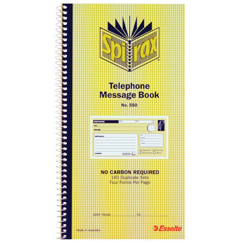 Spirax 550 Telephone Message Book Carbonless Duplicate