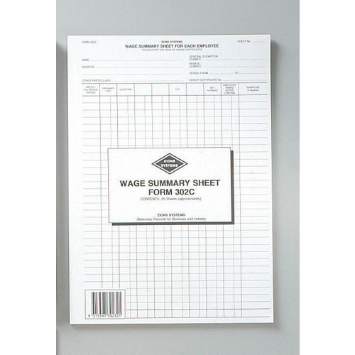 Zions Wage Summary Sheets 25 Pack 297 x 210mm - 302C2 