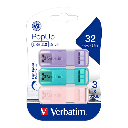 Verbatim 32GB 2.0 Pop Up USB Drive 3 Pack Assorted Pastel Colours - 66760