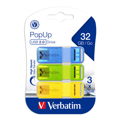 Verbatim 32GB 2.0 Pop Up USB Drive 3 Pack Assorted Bright Colours - 66761