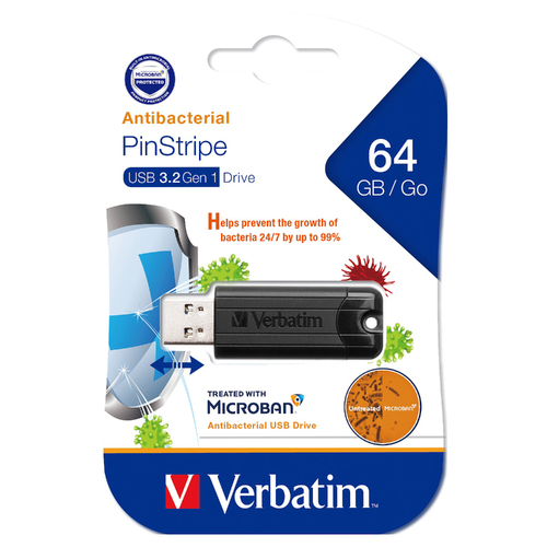 Verbatim 64GB 3.2 Microban Store 'n' Go Antibacterial Pinstripe USB Drive - 66776
