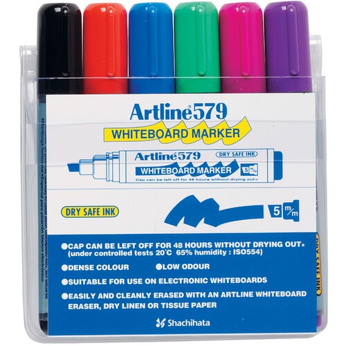 Artline 579 Whiteboard Marker 5mm Chisel Nib Assorted Colours 6 Pack - 157946
