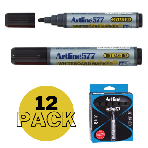 Artline 577 Whiteboard Marker 3mm Bullet Nib Black 12 Pack - 157701