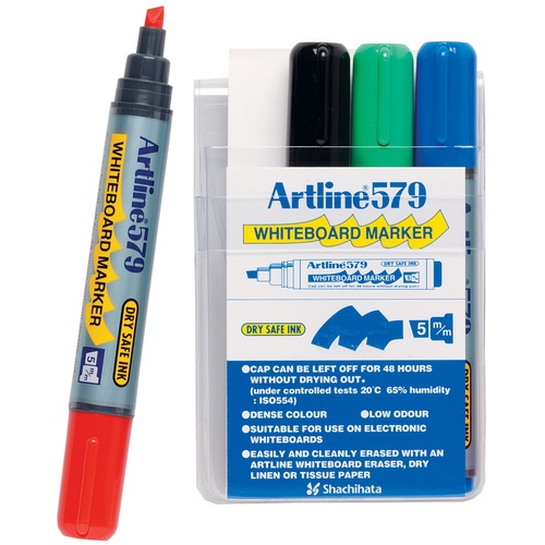 Artline 579 Whiteboard Markers 5mm Chisel Nib Assorted Colours 4 Pack - 157944