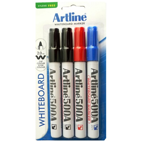 Artline 500A Whiteboard Marker 2mm Bullet Nib Assorted Colours 4 Pack - 1500715A