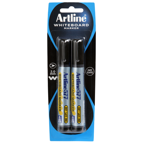 Artline 577 Whiteboard Marker 3mm Bullet Nib Black 2 Pack - 157771