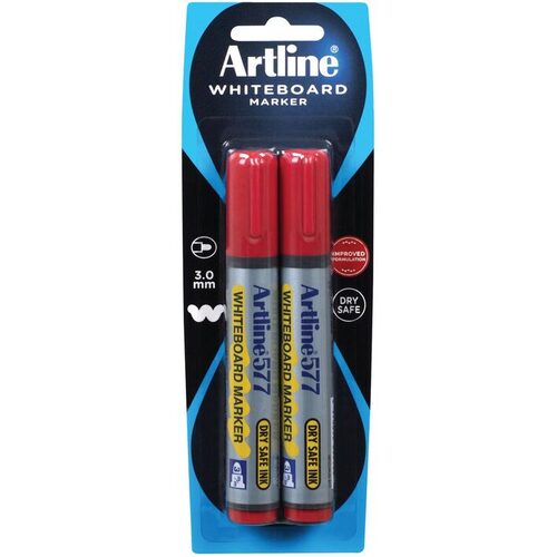 Artline 577 Whiteboard Marker 3mm Bullet Nib Red 2 Pack - 157772