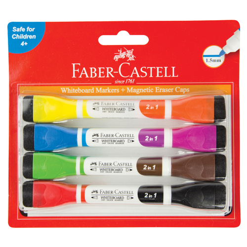4 Faber-Castell Dual Tip 2in1 Whiteboard Markers Magnetic Eraser Caps Pack