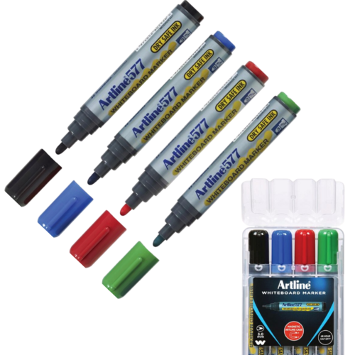 Artline 577 Whiteboard Marker 2mm Bullet Tip Assorted Colours 4 Pack - 157744