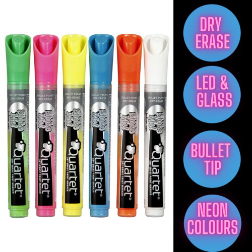 Quartet Neon LED/GLASS  Dry Erase Marker Assorted Colours - 6 Pack