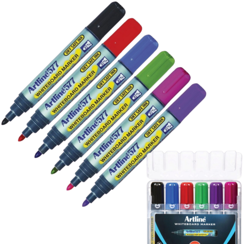 Artline 577 Whiteboard Marker 2mm Bullet Nib Assorted Colours 6 Pack - 157746