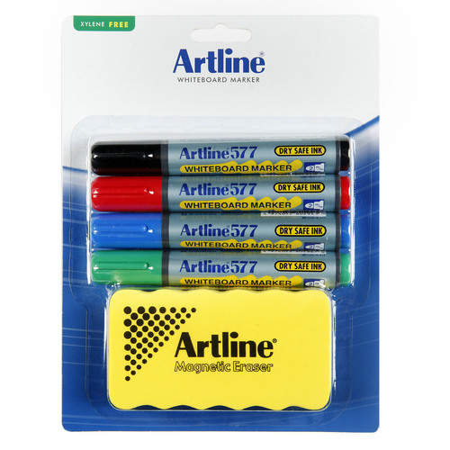 Artline 577 Whiteboard Markers + Magnetic Whiteboard Eraser Kit - 157791