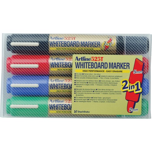 Artline 525T Whiteboard Marker Dual Nib 2mm + 5mm  Assorted Colours 4 Pack - 151544
