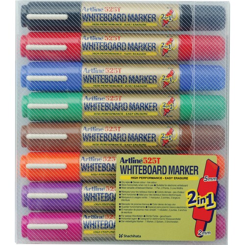 Artline 525T Whiteboard Marker Dual Nib 2mm + 5mm  Assorted Colours 8 Pack - 151548