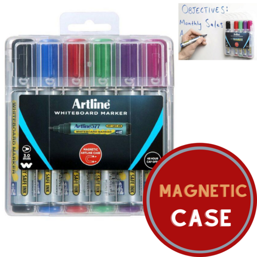 Artline 577 Whiteboard Marker 3mm Bullet Nib Magnetic Plastic Case Assorted Colours 6 Pack - 157746HC
