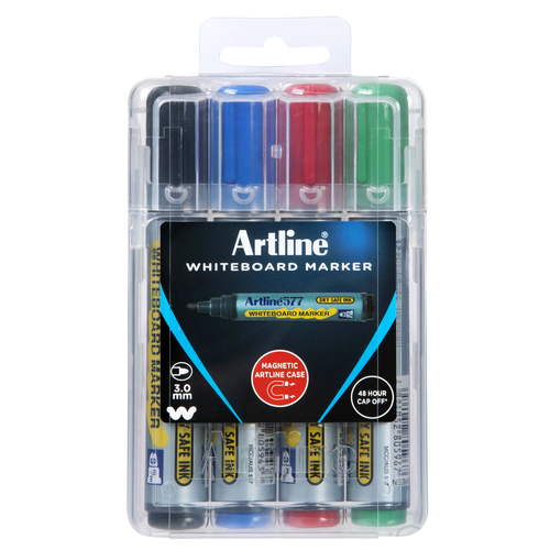 Artline 577 Whiteboard Marker 3mm Bullet Nib Magnetic Plastic Case Assorted Colours 4 Pack - 157744HC