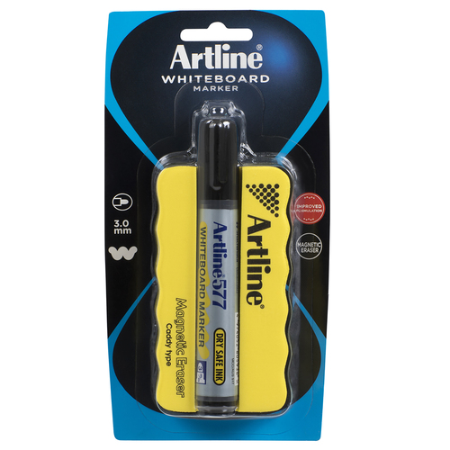 Artline 577 Whiteboard Marker + Magnetic Whiteboard Eraser & Caddy - 157795