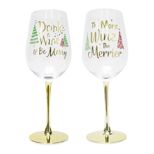 GLASSES XMAS WINE GOLD STEM ASST - SET OF 4
